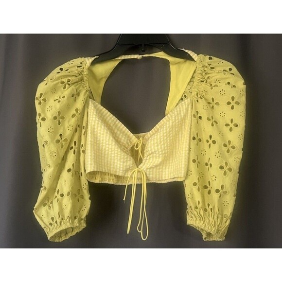 FOR LOVE & LEMONS Picnic Crop Top Sunshine Size XS Eyelet Puff Sleeves Gingham - Picture 2 of 5